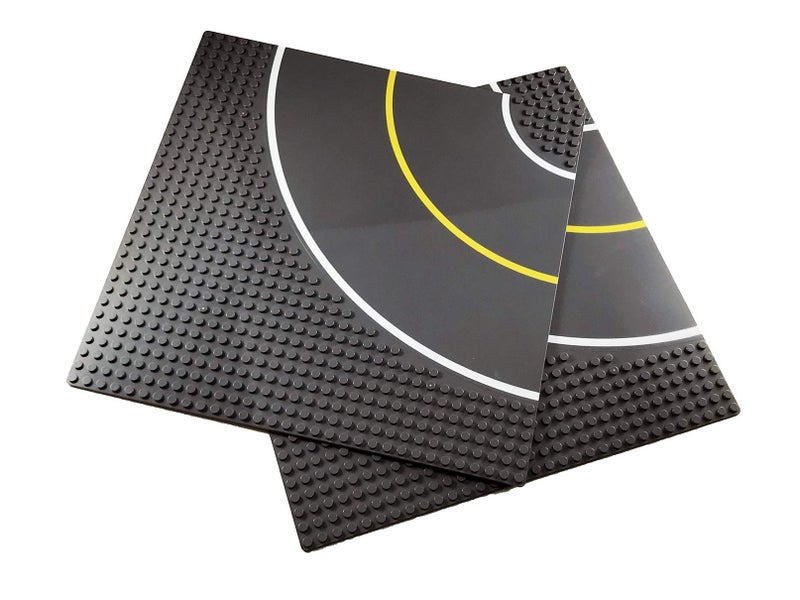 Apostrophe Games Road Baseplate â€“ Premium Building Blocks Base Plates Compatible with All Major Brands â€“ 2pcs Baseplate Gray with Road Design â€“ 2 Curve Roads - Image 1